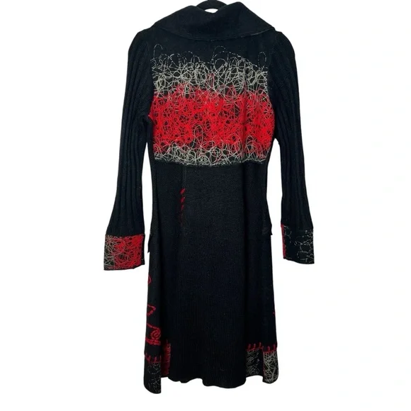 Vintage Concept Black Wool Blend Button Up Sweater Coat with Red Accents Women M - Picture 2 of 11